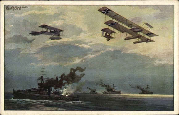 Artist PC Schulze, Hans Rudolf, seaplanes over the English fleet, I. WW