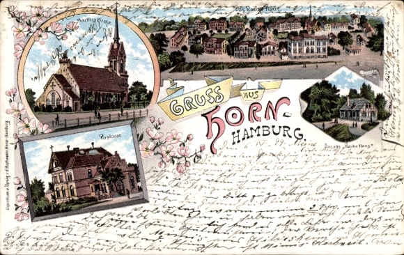 Chromo-Litho Hamburg Horn, Martinskirche, Das rauhe Haus, Pastorat