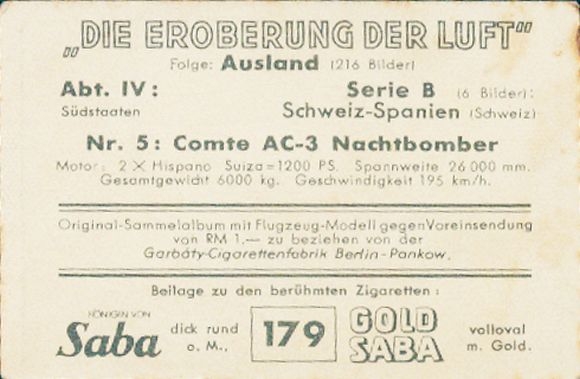 Collector's card The Conquest of the Air Dept. IV Series B No. 5, Comte AC-3 Night Bomber, Switzerland
