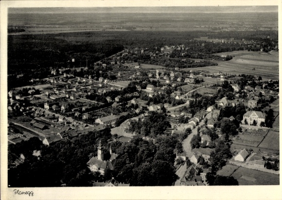 Postcard Planegg Upper Bavaria, aerial view of architecture, dense treetops, rural surroundings