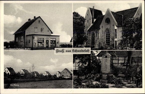 Postcard Schandelah Cremlingen in Lower Saxony, church, commercial building cloud, settlement, memorial