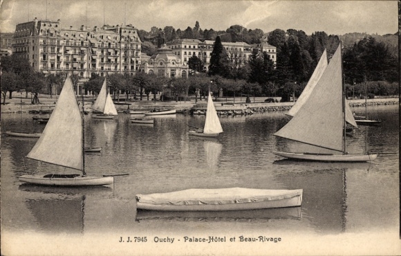 Postcard Ouchy Lausanne Canton Vaud, Palace Hotel, Sailboats