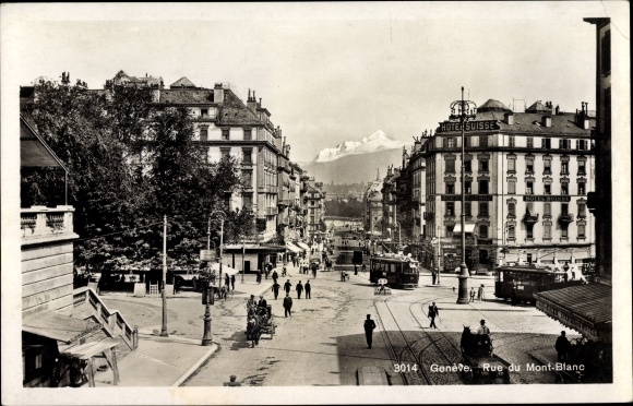 Postcard Geneve Geneva, Rue du Mont Blanc, Hotel Suisse, tram