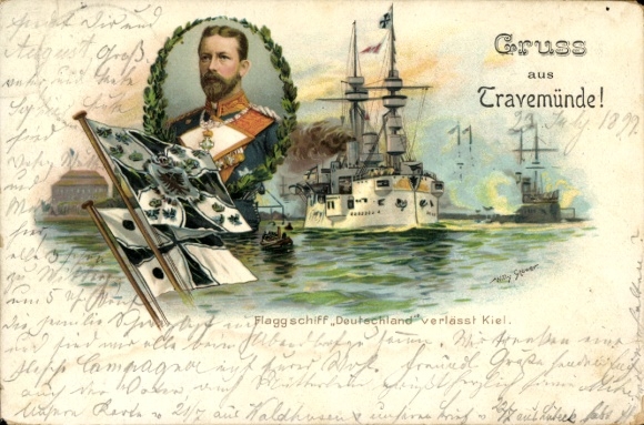 Artist Chromo-Litho Stöwer, Willy, German warship, SMS Deutschland, flagship, Prince Heinrich