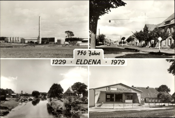 Postcard Eldena in Mecklenburg, 750 years, multi-purpose drying plant, Bresegarder Str, shopping center