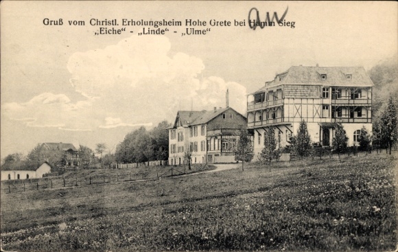 Postcard Hamm an der Sieg, Christian convalescent home Hohe Grete, house oak, linden, elm