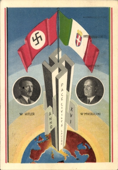 Ak Adolf Hitler, Benito Mussolini, Achse Berlin Rom, Weltkugel, Fahnen, Staatstreffen 1938