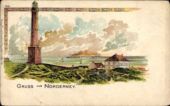Chromo-Litho Norderney in East Frisia, lighthouse with sea view