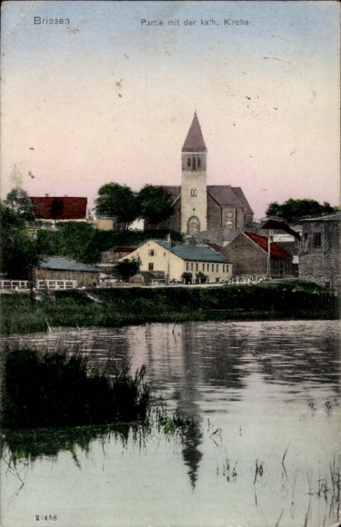 Postcard Briesen in der Mark, partial view, Catholic Church