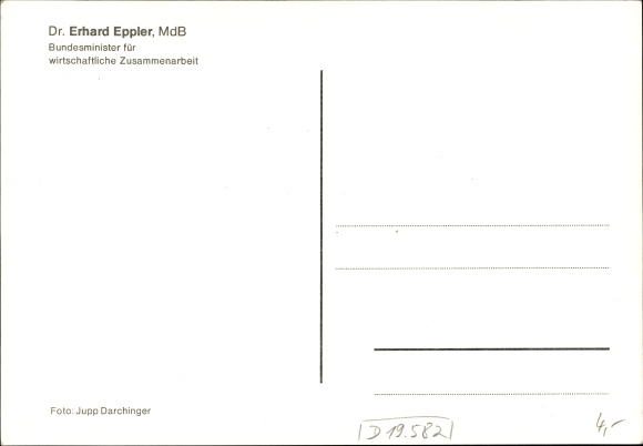 Postcard Dr. Erhard Eppler, Federal Minister for Economic Cooperation