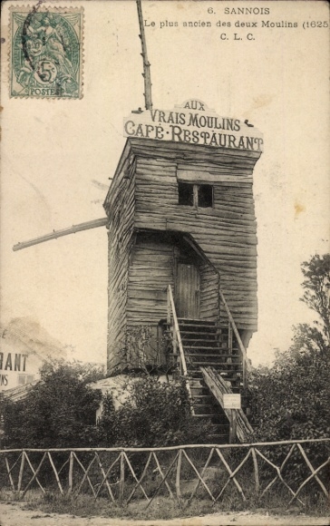Postcard Sannois Val d'Oise, oldest mill from 1625, restaurant Aux Vrais Moulins