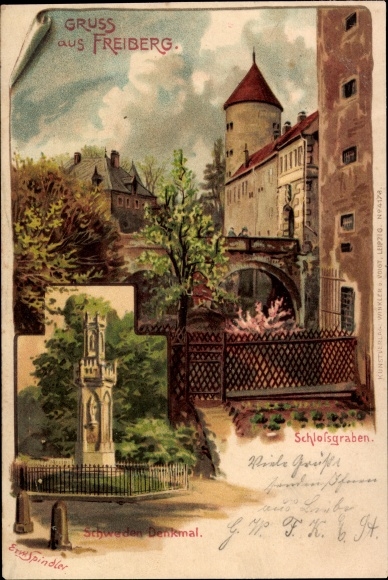 Kunstenaar litho Spindler, Erwin, Freiberg in Saksen, slotgracht, monument voor Zweden