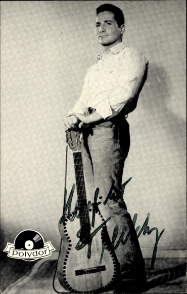 Postcard actor and singer Freddy Quinn, portrait, Polydor records, guitar, autograph