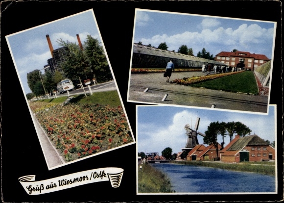 Postcard Wiesmoor in Ostfriesland, road section, large gardening, river section with windmill