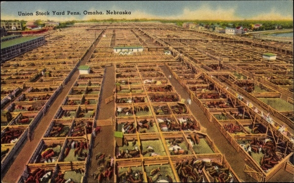 Briefkaart Omaha Nebraska VS, Union Stock Yard Pennen