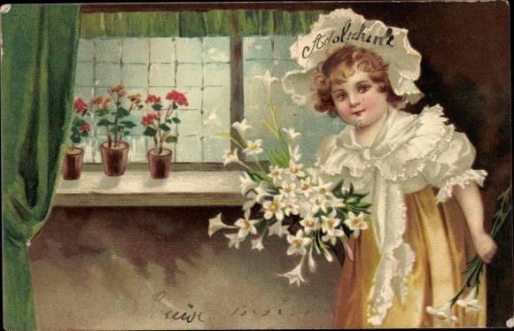Embossing Postcard Girl with bouquet of flowers, lilies