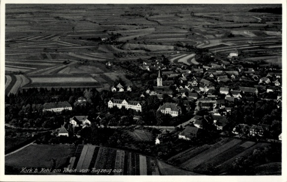 Postcard Kork Kehl am Rhein, aerial view of Kork and Kehl, fields, houses, church