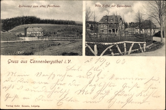 Postcard Tannenbergsthal in Vogtland, restaurant at the old forester's house, Villa Keffel, manor house