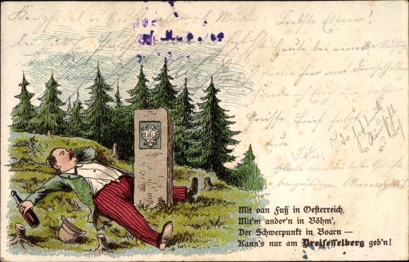 Litho Haidmühle an der Kalten Moldau Niederbayern, Betrunkener am Dreisesselberg, Grenzstein