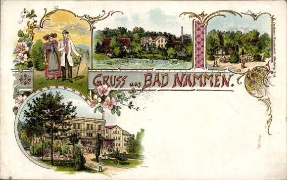 litho Bad Nammen Porta Westfalica, paar in klederdracht, restaurant, tuin, gasten
