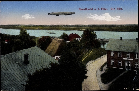 PC Geesthacht on the Elbe, partial view of the village with zeppelin