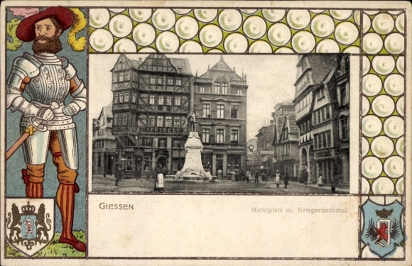 Embossed coat of arms passepartout PC Gießen an der Lahn Hesse, market square, war memorial