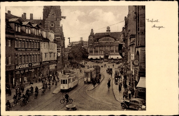 Postcard Erfurt in Thuringia, city view, Anger, trams, pharmacy, s picture