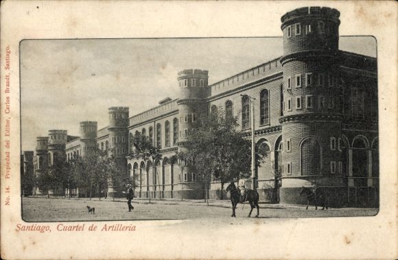 Picture Santiago de Chile, Cuartel de Artilleria, building with towers, street, rider, dog