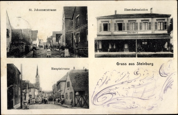 Postcard Steinbourg Steinburg Alsace Bas Rhin, St. Johannerstraße, railway station, main street