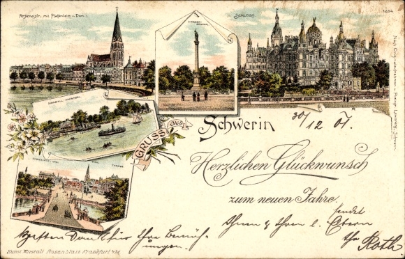 Litho Schwerin in Mecklenburg Vorpommern, Arsenalstraße, Denkmal, Schloss, Dom