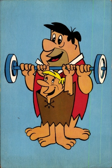 Postcard Fred Feuerstein, Barney Rubble, dumbbell