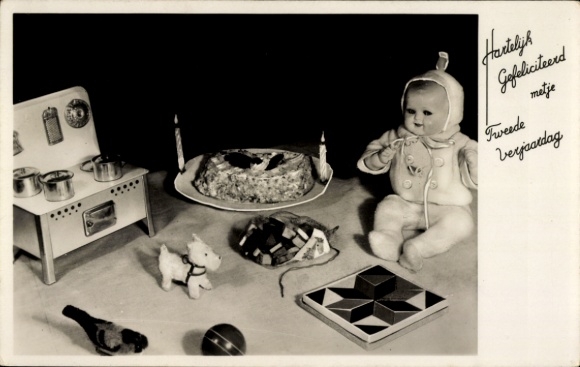 Postcard congratulations, toys, doll, dog, stove, cooking pots