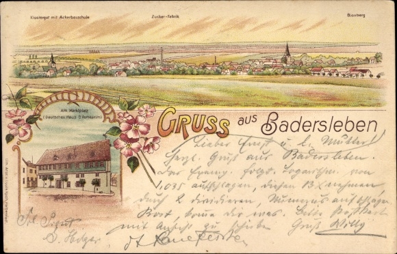 Chromo-Litho Badersleben Huy in Saxony Anhalt, total view, on the market square, German house, sugar factory