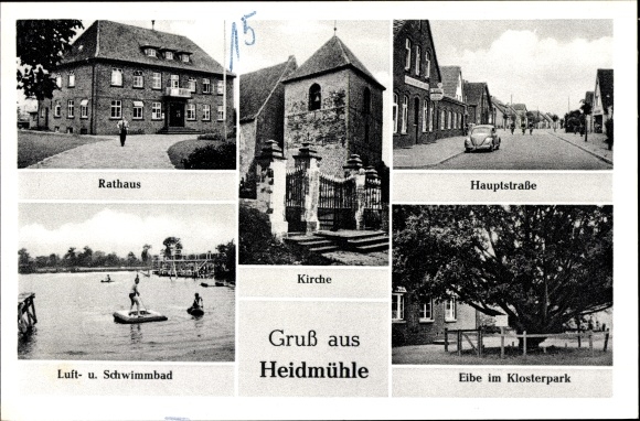Postcard Heidmühle Schortens in Friesland, town hall, air and swimming pool, yew tree in the monastery park, church