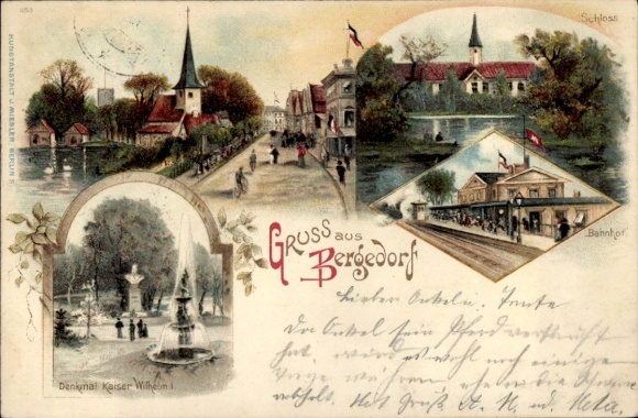 Chromo-Litho Hamburg Bergedorf, Castle, Train Station, Monument to Kaiser Wilhelm