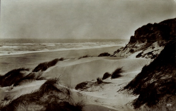 Postcard North Sea resort Spiekeroog in East Frisia, dune landscape, coast