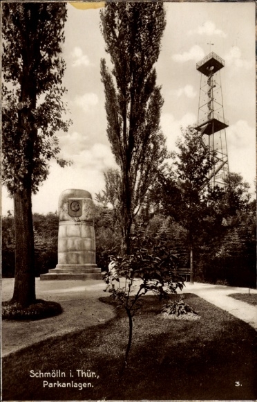 Ak Schmölln Thüringen, Parkanlagen, Denkmal,Turm