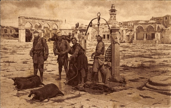 Postcard Jerusalem Israel, water carrier, fountain, mosque, men, women, animals