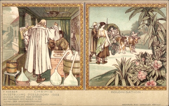 Artist Chromo-Litho Roeber, Düsseldorf am Rhein, trade exhibition 1902, chemistry, colonization