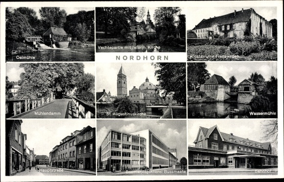 Ak Nordhorn in de provincie Bentheim, treinstation, oliemolen, watermolen, katoenspinnerij