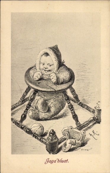 Artist Postcard Kaulbach, Hermann, Jaga'bluat, Toddler in Running Frame