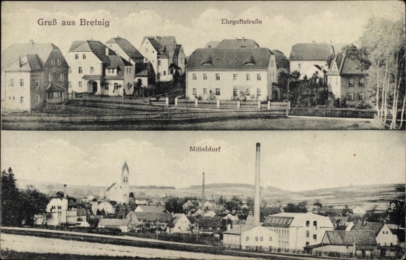 Postcard Bretnig Hauswalde Großröhrsdorf in Saxony, partial view, Ehrgottstraße, Mitteldorf with church