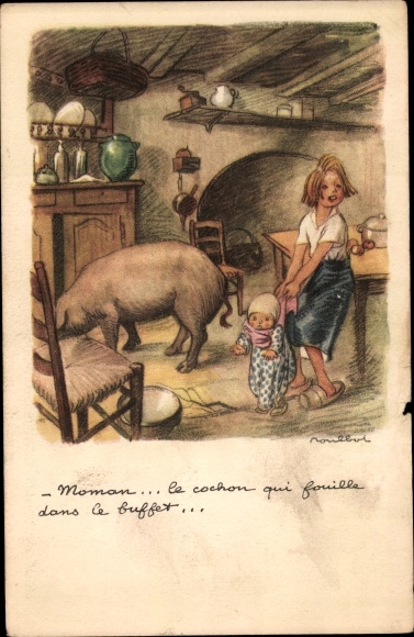 Artist PC Poulbot, Francisque, Ligue Nationale contre le Taudis, kinderen en varken in een keuken