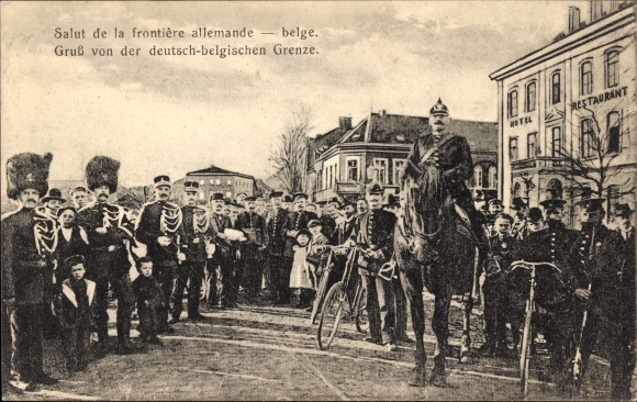 Postcard greeting from the German-Belgian border, German and Belgian soldiers, hotel
