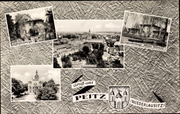 Ak Peitz in der Niederlausitz, marktplein, jeugdherberg Nikolai Ostrowski, wapenschild, overzicht