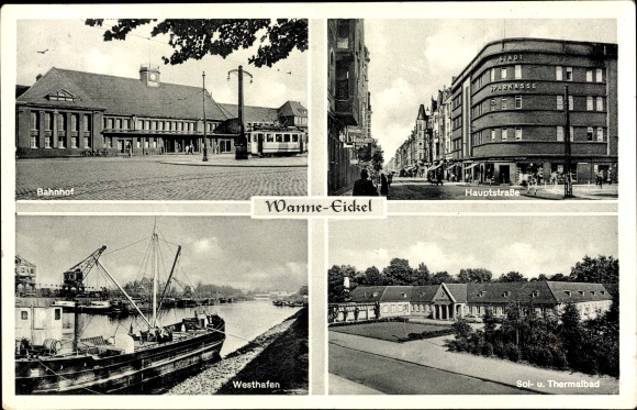 Postcard Wanne Eickel Herne in the Ruhr area, train station, thermal baths, main street, port, savings bank