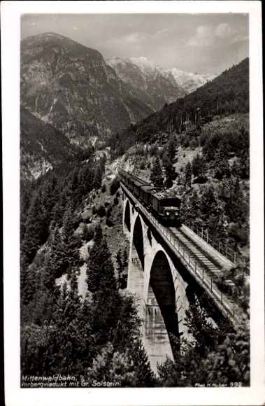 Postcard Upper Bavaria, Mittenwaldbahn, Vorberg Viaduct, Großer Solstein