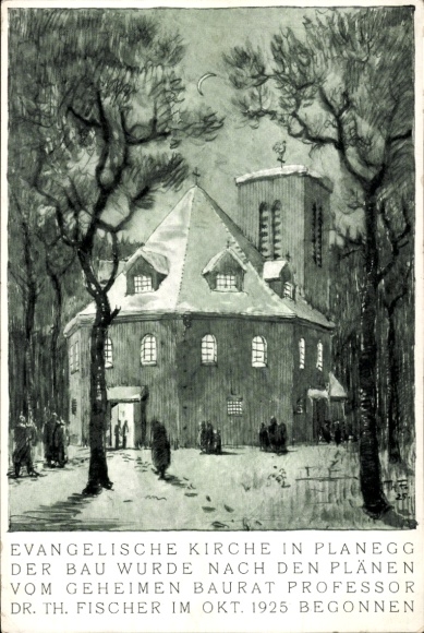 Postcard Planegg Oberbayern, Evangelical Church, Building Councilor Professor Dr. Th. Fischer, built in 1925