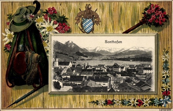 Embossed Passepartout Postcard Sonthofen Oberallgäu Swabia, city, edelweiss, hiking equipment, coat of arms