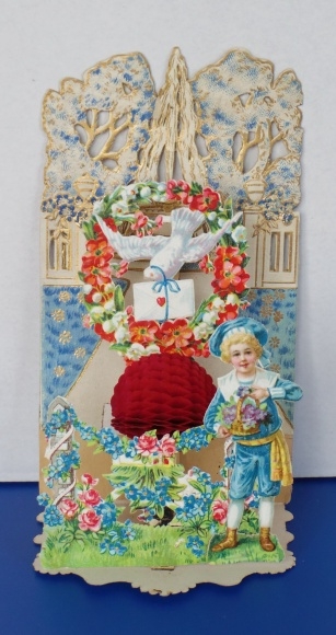 Backdrop card 3D wafer standee, congratulations, boy with basket of flowers, dove, roses
